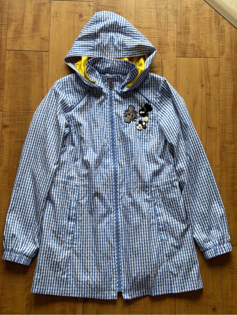 NWOT Dennis Basso Blue Gingham Hooded Rain Jacket Embellished Bee Coat